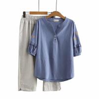 ราคา มีไซส์ใหญ่ Plus Size XL 4XL Womens 2pieces Summer Sets Embroidery Short Sleeve Top Elastic Waist Cropped Pants Suits (19645255000)