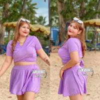 ราคา ชุดว่ายน้ำสาวอวบ งาน2ชิ้น เสื้อผูก กางเกงกระโปรง (18568405272)