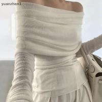 ราคา HOT Long sleeve sweater open shoulder knitted fabric slim fit solid color autumn and winter fashion French style for women (20973732700)