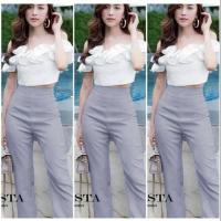 ราคา 9851 ชุดเซท เสื้อครอป ทรงปาดไหล่ สีขาว แต่งระบาย กางเกงขายาวสีเทา ชุดออกงาน เสื้อผ้าแฟชั่น (17727516034)