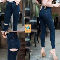 ราคา กางเกงยีนส์ขาเดฟเอวสูงผ้ายืดปลายขาตัดแต่งขาดข้างและขาดเข่าเก็บทรงสวยใส่เข้ารูป (4208764319)
