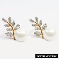 ราคา Inspire Jewelry ต่างหูมุก ใบช่อมะกอก ฝังเพชรสวิส หุ้มทองแท้100 24K สวยหรู (10034460816)