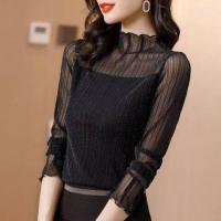 ราคา เสื้อลูกไม้ตาข่ายผ้าไหมแขนยาวสำหรับผู้หญิงเสื้อชีฟองเข้ารูปครึ่งคอเต่า (19897040738)