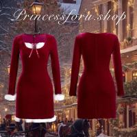 ราคา เดรสแขนยาว สีแดง แต่งขน ชุดคริสมาสต์ (20993297227)