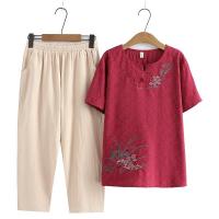 ราคา มีไซส์ใหญ่ Plus Size Womens Vintage Floral Embroidery 2 Pieces Summer Sets Short Sleev Top Elastic Waist 8 10 Pants Female Suits (18817025791)