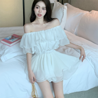 ราคา IELGY ชุดเดรสผู้หญิงชุดเดรสแขนสั้นผ้าชีฟองเปิดไหล่เอวเซ็กซี่เอวสูง (19306111235)