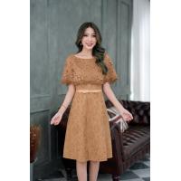 ราคา เดรสออกงาน เดรสทำงาน เดรสลูกไม้คลุมไหล่แต่งเข็มขัดผ้า ทรงเอ สีน้ำตาล สีโอรส สีเทา สวยมากค่ะ M 3XL (17445526749)