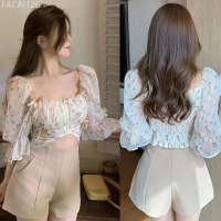 ราคา เสื้อยืดเสื้อท็อปแขนพัฟผ้าชีฟองพิมพ์ลายดอกไม้สําหรับสตรี (20730087929)