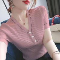 ราคา เสื้อยืดเสื้อแขนสั้นผ้าไหมน้ำแข็งสำหรับผู้หญิงคอวีแนวแฟชั่นทรงหลวมและเพรียวบาง2023สไตล์เกาหลีแบบใหม่เทรนด์ Atasan Bahan Rajut (18789721791)