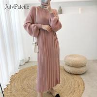 ราคา JulyPalette 2021 Autumn Winter Thicken Long Knitting Dress Fashion Lantern Sleeve Female Pleated Oversize Sweater Dress 5 Colors (10366448490)