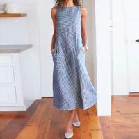 ราคา Summer Dress Women O Neck Sleeveless Pocket Loose Maxi Dresses Vintage Striped Cotton Linen Long Dress 2023 A Line Beach Dress (19674421473)