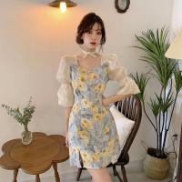 ราคา มินิเดรสลายดอกไม้ งานน่ารักสายหวาน เดรสออกเดท แขนพองแนวสาวเกาหลี ดอกไม้สีเหลือง กระโปรงสั้น (17268494300)
