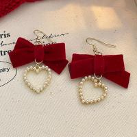 ราคา French Red Velvet Tassel Bow Earrings for Women High end Design New Rhinestone Pearls Hook Earrings (20662731522)