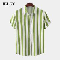 ราคา IELGY เสื้อเชิ้ตแขนสั้นผู้ชายสไตล์เกาหลีลายทางเรียบง่ายผู้ชาย (15554221575)