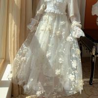 ราคา HOUZHOU Vintage Floral Mesh Long Skirt Women Elegant Kawaii High Waist Embroidery White Fairycore Lolita A line Midi Skirt Party (13597579543)
