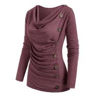ราคา Solid Color Cowl Neck Heather Mock Button T shirt Long Sleeve Tee Women T Shirt Marled Top Women Casual T Shirts (14133032632)
