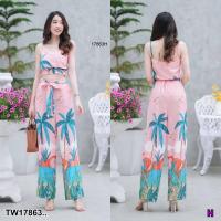ราคา TW17863 Set 2 ชิ้น เสื้อครอปสายเดี่ยวลายมะพร้าว กางเกงลายมะพร้าว (16168565849)