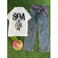 ราคา เซตเสื้อยืดสีขาวสกรีน กางเกงยีนขากระบอกทรงสวย (18766645744)