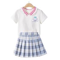 ราคา Girls Suit Polo Collar Candy Color Cute Cartoon Printing T shirt Plaid JK Skirts Leisure Fashion Sets (20808116394)