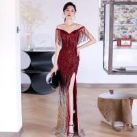 ราคา ชุดเดรสตอนเย็นงานเลี้ยงปักเลื่อมไล่ระดับสีสุดหรูมีแขนพู่ชุดจัดงานแต่งงานอาหารค่ำรายปีชุดสตรีทรงหางปลาเข้ารูป (20523286656)