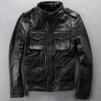 ราคา ผู้ชายคลาสสิกอัลฟา M65แจ็คเก็ตหนังยืนปก Cowhide แจ็คเก็ตหนังแท้ผู้ชายสีดำรถจักรยานยนต์เสื้อแจ็คเก็ตชาย2016 (19954437532)