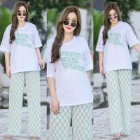 ราคา เซทเสื้อคอกลมแขนสั้น สกรีนอก เนื้อผ้าคอตตอน กับกางเกงขายาว ผ้าพลีท พิมพ์ลาย ชุดเซต ชุดเซ็ท (18334613374)