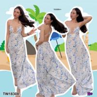 ราคา TW18308 เดรสสายเดี่ยว สายไขว้หลังลายประการัง (17388929518)
