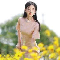 ราคา Available Pink Short A Line Cheongsam Floral Short Sleeve Vintage Dress Slim Fit Women Costumes Qipao S To XXL (16638655388)