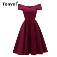 ราคา Tonval Vintage Criss Cross Off The Shoulder Party ชุดเซ็กซี่สีดำ Elegant Solid Tunic Dress ผู้หญิง A Line Cotton Dresses (19286195166)