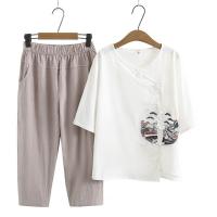 ราคา มีไซส์ใหญ่ Plus Size XL 4XL Womens Full Cotton Summer Sets Short Sleeve Embroidery Tops Elastic Waist Cropped Pants 2pieces Suits (8867354361)