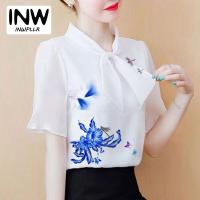 ราคา Stock Casual Women Blouses Summer Fashion Short Sleeve Bow Shirts Korean Floral Print Tops Womens Plus Size Popular (20899299087)