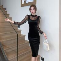 ราคา ชุดเดรสมิดิเอวสูงชุดแนบเนื้อแขนยาวแฟชั่นผ้ากำมะหยี่ลูกไม้ต่อกันสำหรับผู้หญิงสไตล์เกาหลีสง่างาม (21198351706)