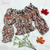 ราคา jafusior เสื้อครอป ลายดอก จั๊มเอว ผูกโบว์หน้า แขนจั๊มยาว อกยืดได้ถึง36นิ้ว (13600468630)