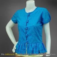 ราคา เสื้อสีฟ้า สีฟ้าเข้ม วันแม่ ลูกไม้อย่างดี คอกลม ชายระบาย กระดุมปั้ม แขนสั้น เสื้อแมท (3617442250)