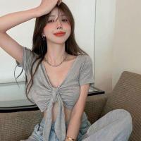 ราคา เสื้อครอปมินิผูกโบว์หน้า เสื้อครอปผู้หญิงสวยๆน่ารัก เซ็กซี่ เสื้อยืดครอปแขนสั้นผูกโบว์ เสื้อครอปคอวี (16261647999)