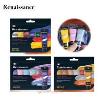 ราคา สีอะคริลิค renaissance ชุด 6 สี x 20 มล 3 เฉด primary พื้นฐาน metallic เมทัลลิค และ glitter กากเพชร สีอะคริลิคกันน้ำเรนาซองส์ acrylic color set (21029466119)