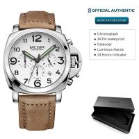 ราคา Megir Mens Chronograph Luminous Quartz Watches with Calendar Date Round og Military Leather Strap Wristwatch Man ML3406G (14131299849)