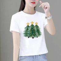ราคา เสื้อยืดพิมพ์ลายคริสมาสต์สำหรับผู้หญิงเสื้อยืดพิมพ์ลายแฟชั่นของผู้หญิงน่ารักบนต้นไม้สีน้ำวันหยุดปีใหม่ (20785151923)