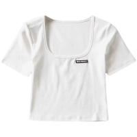 ราคา เสื้อยืดคอกลมแขนสั้นสีทึบตัดต่ำผู้หญิงสีดำสีขาวและสีเทา (15365038952)