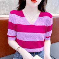 ราคา เสื้อยืดคอวีลำลองสไตล์เกาหลีสำหรับผู้หญิงเสื้อยืดลายเสื้อถักนิตติ้งแขนสั้นเสื้อยืดแฟชั่นแบบกลวง (20070785209)