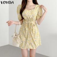 ราคา VONDA ชุดกระโปรงแบบสั้นมินิทรงเอแขนสั้นมีเชือกผูกคอสี่เหลี่ยมแฟชั่นสำหรับผู้หญิง ลายดอกไม้เกาหลี (20707010834)