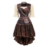 ราคา 1 Brown Pirate Dress Plus Size Faxu Leather Steampunk Corset Dress With Shoulder Off Blouse Cosplay Pirate Costume For Women (19799022263)