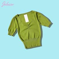 ราคา jafusior เสื้อครอป เสื้อไหมพรม เสื้อไหมพรมผญ แขนสั้น สีเขียว อกยืดได้ถึง38นิ้ว (17792515963)