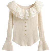 ราคา เสื้อถักสวมหัวคอปาดแขนกระดิ่งชายระบาย jzzdemm เสื้อ F ชาแนลเข้ารูปสำหรับผู้หญิง (20577395785)