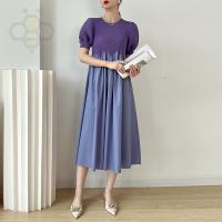 ราคา Aiden001 Average Size Miyake Pleated Summer Ladies Slim Waist Short Sleeved A Line Skirt Splicing Round Neck Dress 2248 (19703727797)