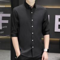 ราคา Mens Simple Casual 3 4 Sleeves Ice Silk Trend Plain Shirt Korean All match Solid Color Slim Fit Formal Polo Workwear Sage Green Blue Black White (20366208186)