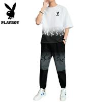 ราคา PLAYBOY ผ้าฝ้ายแขนสั้นสำหรับผู้ชายกางเกงขายาวทรงหลวมสองชิ้นสำหรับฤดูร้อนชุดแบรนด์เนมคอกลมแขนสั้นกางเกงขายาวลำลอง (14420525195)