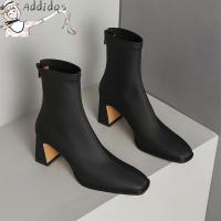 ราคา รองเท้าบูทรองเท้าส้นสูงผู้หญิงหุ้มข้อหนังนิ้วเท้าเหลี่ยมแฟชั่นรองเท้าส้นตึกเกาหลีบูทส้นสูงของผู้หญิง (19997706659)