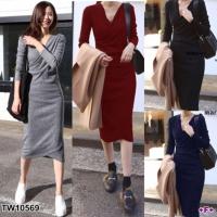 ราคา เดรสสั้น คอวี แขนยาว ผ้ายืดใส่สบาย ทรงเข้ารูปสวย เสื้อผ้าแฟชั่น 10569 (16980378189)