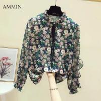 ราคา AMMIN เสื้อเชิ้ตแขนยาวสไตล์เกาหลีสำหรับผู้หญิงเสื้อชีฟองลายดอกไม้มีโบว์แฟชั่นเสื้อลำลอง2022 (12901103976)